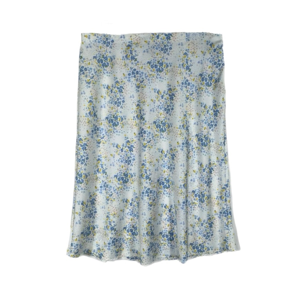 Forever 21+ Yellow & Blue Floral Satin Tea Length Skirt